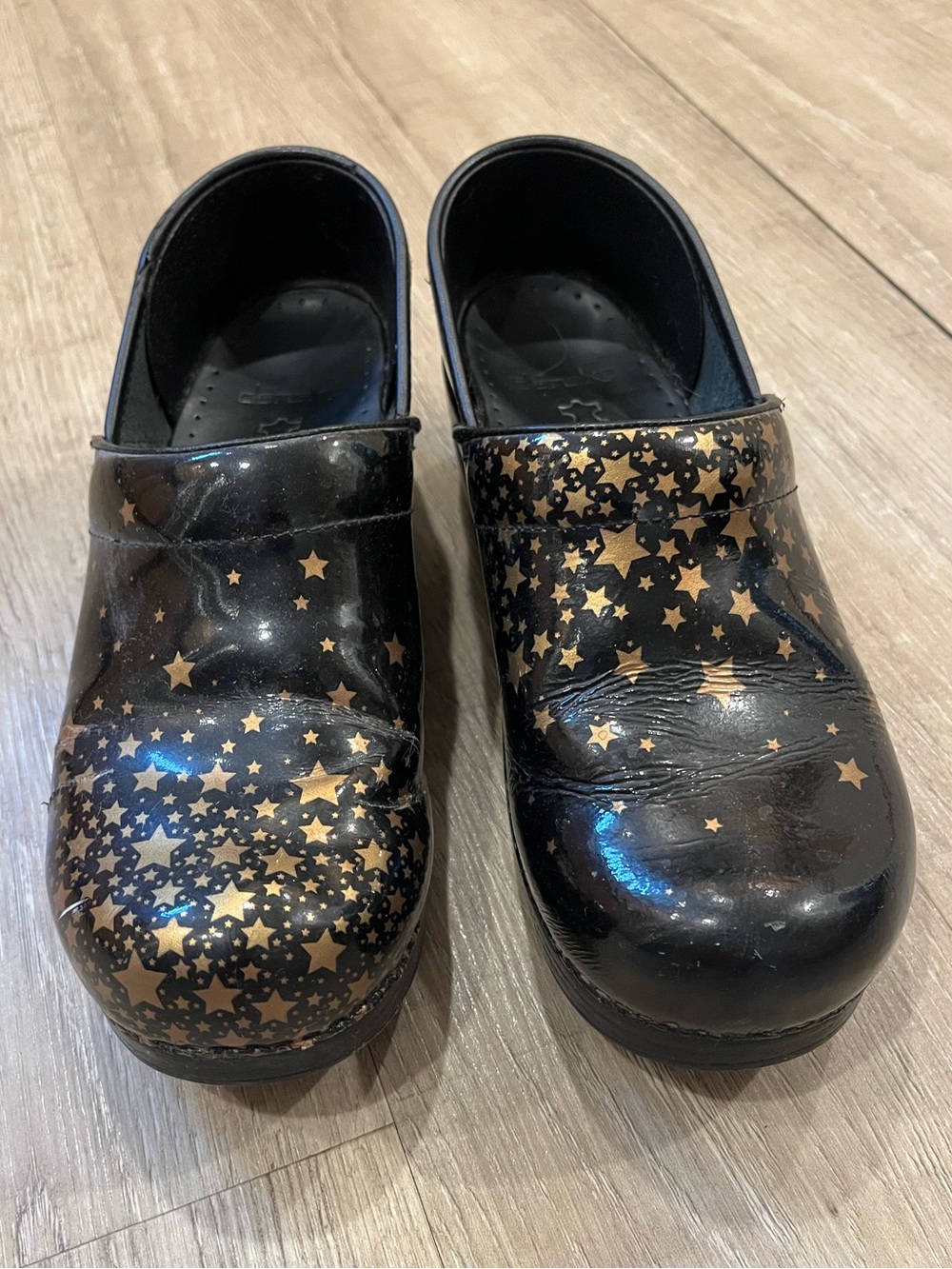 Dansko Black Clogs 39 with Gold Star Pattern
